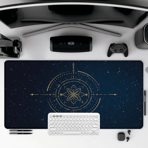 Golden Mandala Mouse Pad 35.4 x 15.8 Inches Rubber Desk Mat with Starry Night Design for Office and Gaming