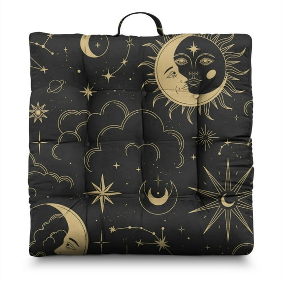 Cosmic Meditation Cushion Fluffy Floor Pillow with Golden Celestial Design for Yoga & Spiritual Practice