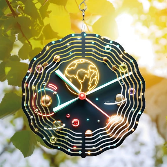 Cosmic Metal Hanging Wind Spinner & Chime - Vibrant Neon Design with Glowing Earth & Orbiting Planets for Yard & Garden Decor