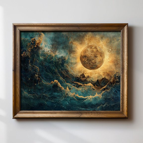 Cosmic Moon And Ocean Wall Art Print, Surreal Celestial Fantasy And Ethereal Space Decor