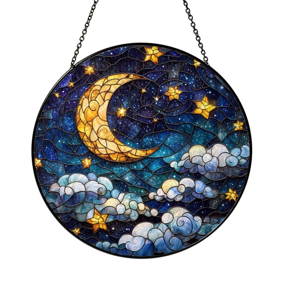 Cosmic Moon And Stars Stained Glass Suncatcher, Window Hanging Spiritual Decor