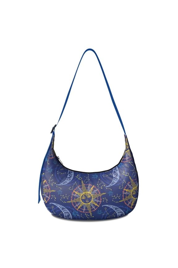 Cosmic Moon Star Crossbody Bag, Gothic Steampunk Crescent Purse, Adjustable Strap Dark Celestial Night Sky Design, Lunar Eclipse Pattern