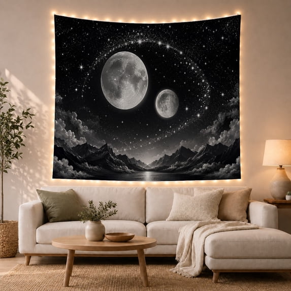 Cosmic Moons Above Jagged Mountains, Mystical Surreal Art for Space Lovers, Mountain Sky Decor, Housewarming Gift, Tapestry Wall Hanging for Bedroom and Living Room