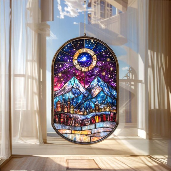 Cosmic Mountain Landscape Acrylic Suncatcher - Galaxy Sky & Glowing Winter Village Window Hanging - Fantasy Home Decor Gift