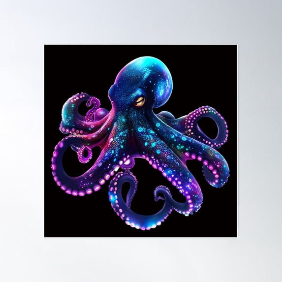 Cosmic Neon Octopus With Glowing Tentacles Poster Wall Art, Modern Wall Decor For Living Room Bedroom, 24x24 UNFRAMED