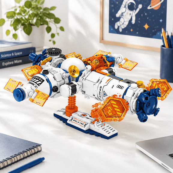 Cosmic Orange Interlocking Block Building Set Stem Space Station Model Kit