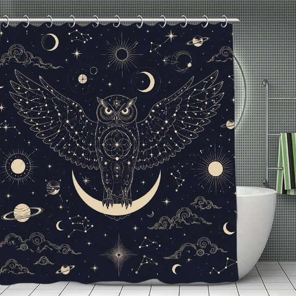 Cosmic Owl Perched On Crescent Moon Print Shower Curtain,Cloth Fabric Waterproof Polyester Bathroom Home Decor Set with Hooks 70.870.8Inch