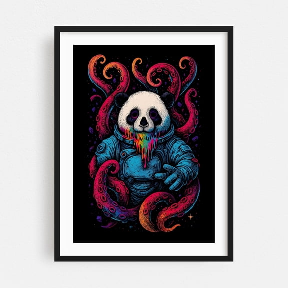 Cosmic Panda Kraken - Digital Art Astronaut Psychedelic Surrealism Space Animal Cosmic Fantasy Black Framed Wall Art Print 5 x 7 inches