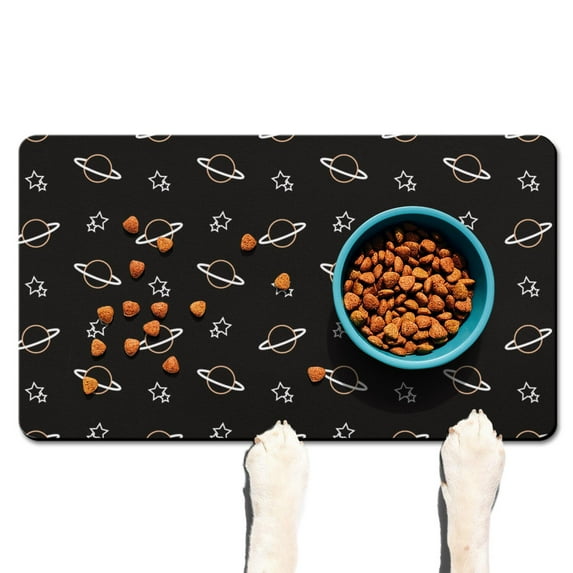 Cosmic Pet Food Mat - Waterproof Dog Feeding Mat with Planet & Star Design - Non-Slip Absorbent Dog Bowl Mat - Multi-Layer Structure for Floor Protection (Moon and Stars)