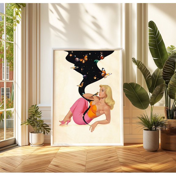 Cosmic Pin Up Retro Space Collage Graphic Art, Unframed Poster