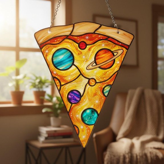 Cosmic Pizza Acrylic Suncatcher Galaxy Planet Window Hanging Sci-Fi Kitchen Decor Space Food Lover Gift