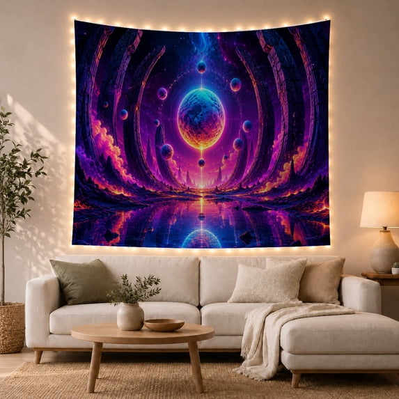 Cosmic Planet Portal with Orbital Moons and Reflections, Mystical Fantasy Art for Space Lovers, Galaxy Wall Decor, Housewarming Gift, Tapestry Wall Hanging for Bedroom and Dorm