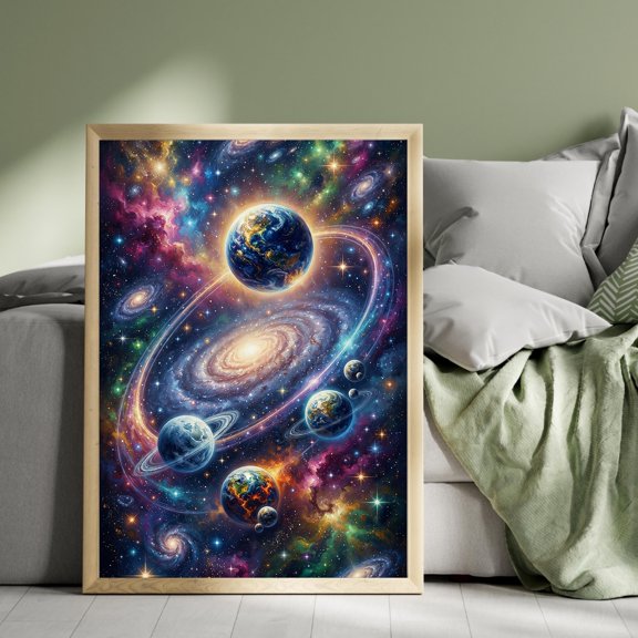 Cosmic Planets Wall Art, Dancing Planets Space Print, Glowing Stars Poster, Celestial Galaxy Décor, Poster Only