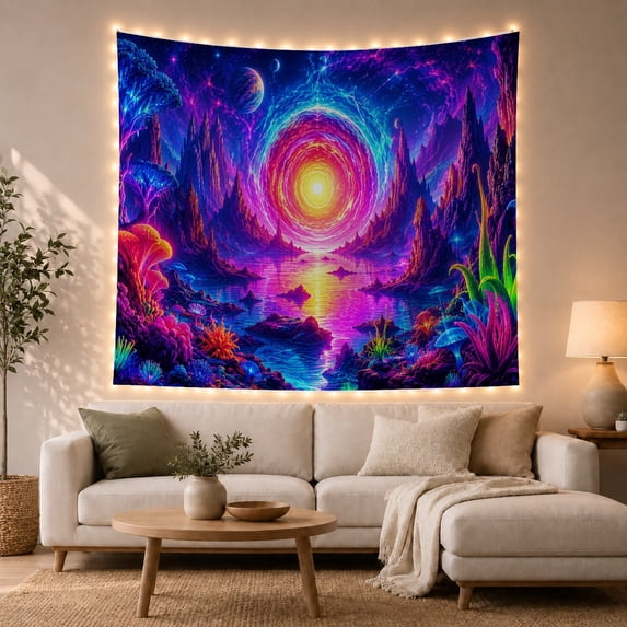 Cosmic Portal Lake with Neon Plants and Alien Spires, Mystical Fantasy Art for Space Lovers, Galaxy Wall Decor, Housewarming Gift, Tapestry Wall Hanging for Bedroom and Gaming Room
