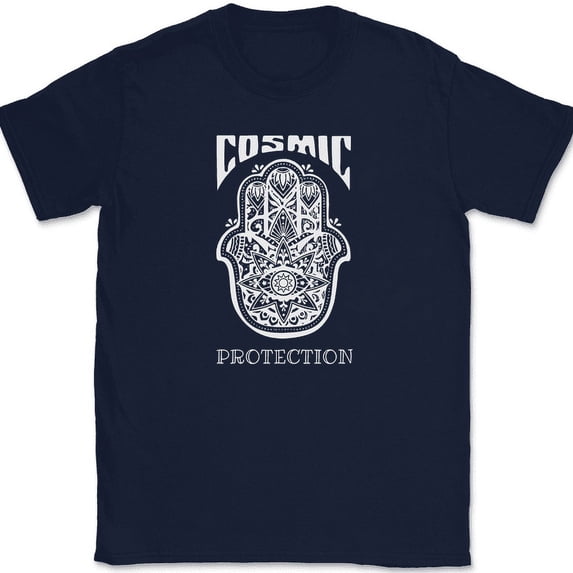 Cosmic Protection Hasma T-Shirt Religious Jewdism Hand Sci-Fi Tee - Navy, M