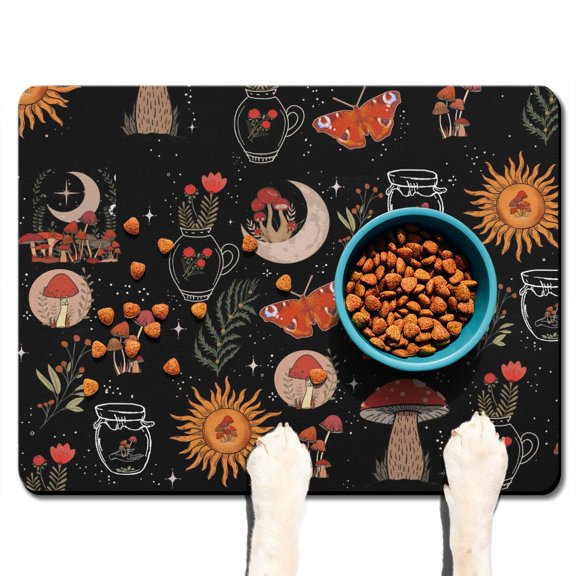 Cosmic Retro Pet Food Mat - Steampunk Astrology Chart Design, Multi-Layer Protection, Waterproof & Easy to Clean, 18x12 Inches