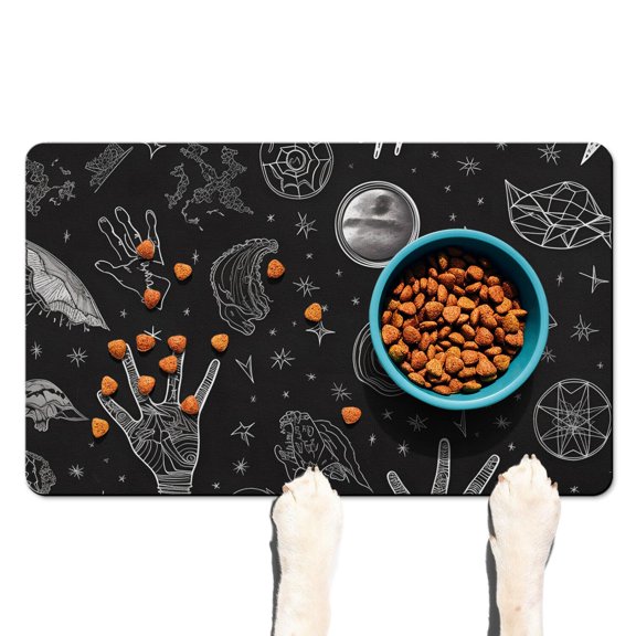 Cosmic Retro Pet Food Mat - Steampunk Astrology Chart Design, Multi-Layer Protection, Waterproof & Easy to Clean, 18x12 Inches
