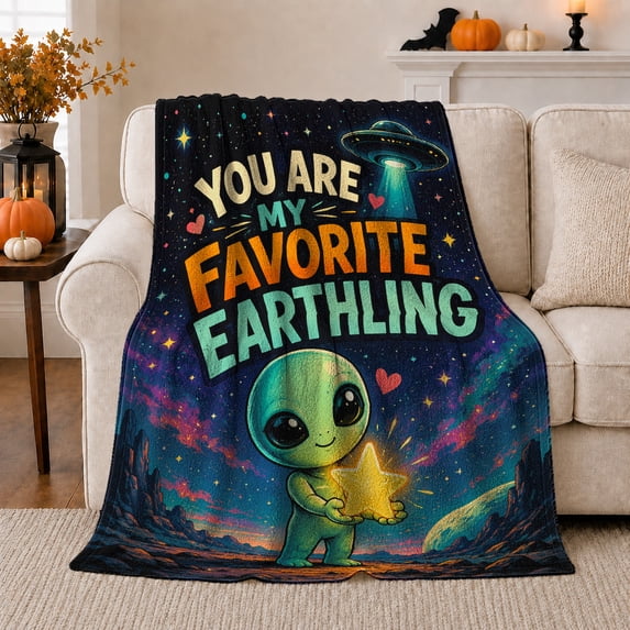 Cosmic Romance Galaxy Love Quote Cartoon Alien Ufo, Cozy Friendship Quote Scene, Warm Flannel Blanket for Living Room and Reading Nook, Art Lovers Friendship Gift, Artistic Home Decor