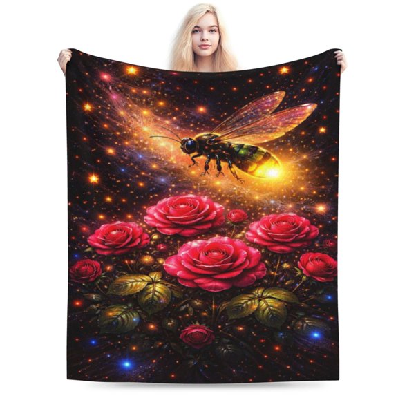 Cosmic Rose Garden Blanket Galaxy Firefly Bloom Celestial Red Roses Soft Cozy Throw Blanket for Couch Bed Valentines Day Gift 50x40