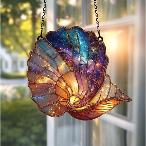 Cosmic Shell Acrylic Window Hanging Galaxy Spiral Faux Stained Glass Suncatcher, Nautical Ocean Gift For Beach Lover Home