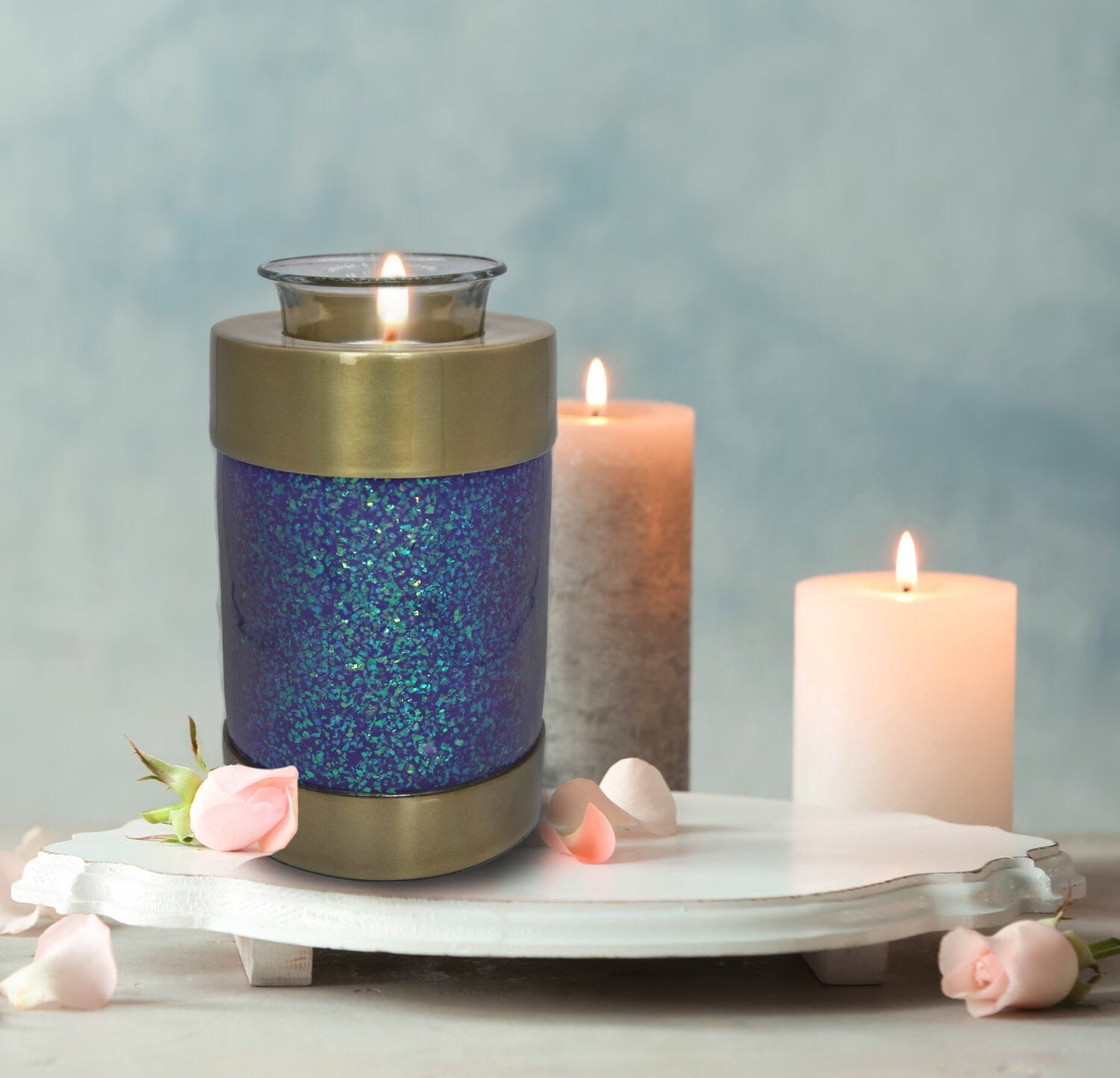 Cosmic Blue Brass Candle Holder Cremation Urn