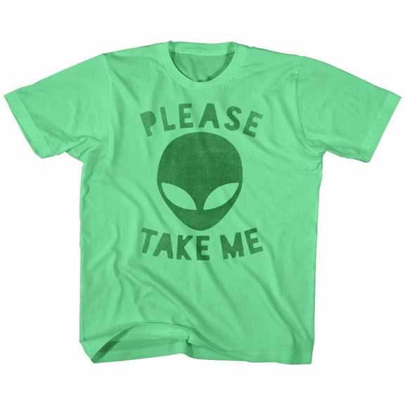 Cosmic Society Alien Please Take Me Kids T Shirt - L (14-16 years), Neon Green