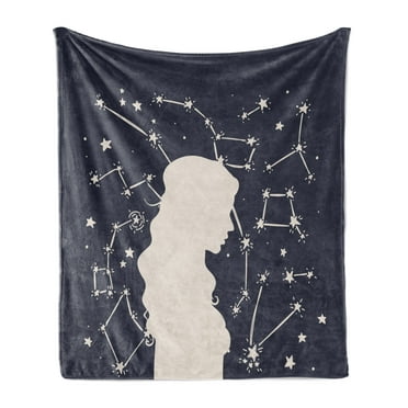 Cosmic Soft Flannel Fleece Throw Blanket, Silhouette of Girl and Constellation Abstract Portrait, Cozy Plush for Indoor and Outdoor Use, 60" x 80", Dark Blue Grey Champagne, by Ambesonne