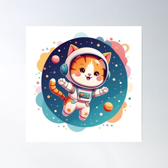 Cosmic Space Cat | Cute Cartoon Astronaut Kitten Poster Wall Art, Modern Wall Decor, 16x16 UNFRAMED