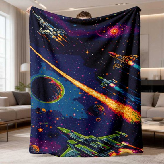 Cosmic Space Plush Flannel Blanket with Planets, Stars & Spaceships, Soundwave Print, All-Season Soft Bedspread for Bed, Sofa, Travel