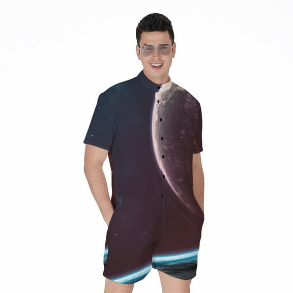Cosmic Space Short Sleeve Men'S Rompers, Lunar Heaven Cosmic Galaxy Casual Summer Jumpsuits Outfit