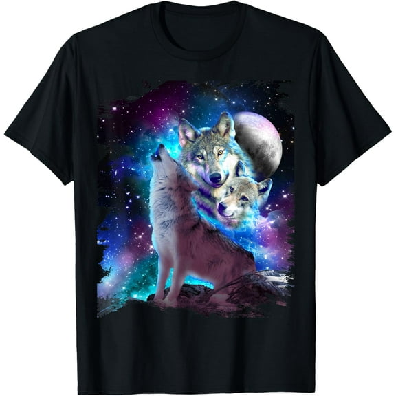Cosmic Space Wolf Wolves Family Howling At Moon T-Shirt Tops Tee