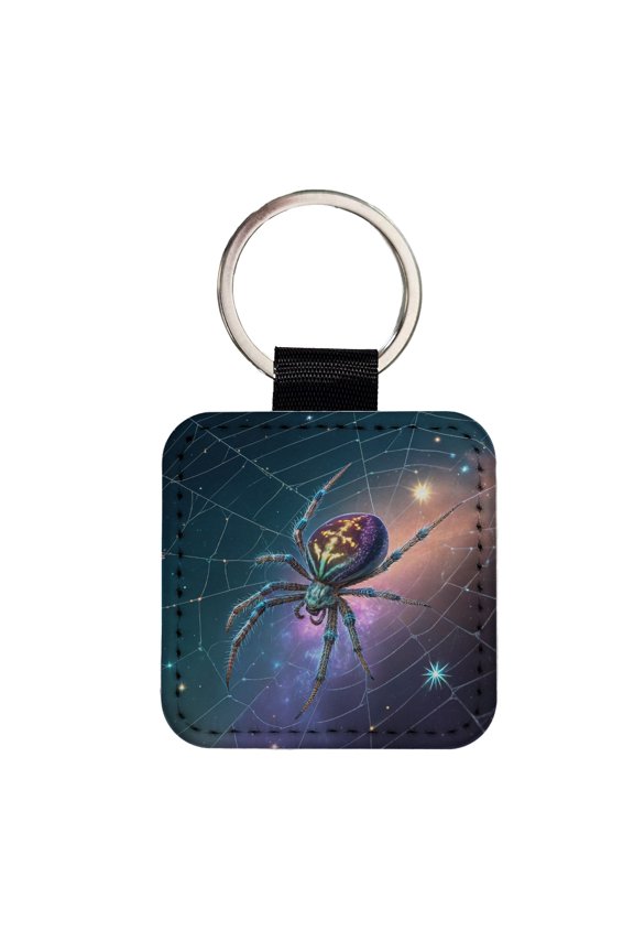 Cosmic Spider Web Halloween Faux Leather Square Keychain