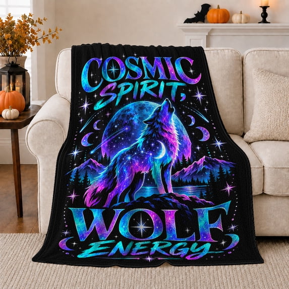 Cosmic Spirit Wolf Energy Galaxy Night Sky Fantasy, Peaceful Mountain Lake Scene, Warm Flannel Blanket for Cabin and Lodge, Outdoor Lovers Camping Gift, Festive Home Decor