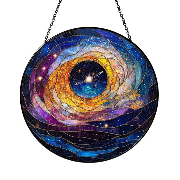 Cosmic Stained Glass Suncatcher Window Hanging, Spiral Galaxy with Saturn Decorative Glass Panel Art, Nebula and Planetary Space Window Decor, Celestial Galaxy Sun Catcher Ornament for Living Room