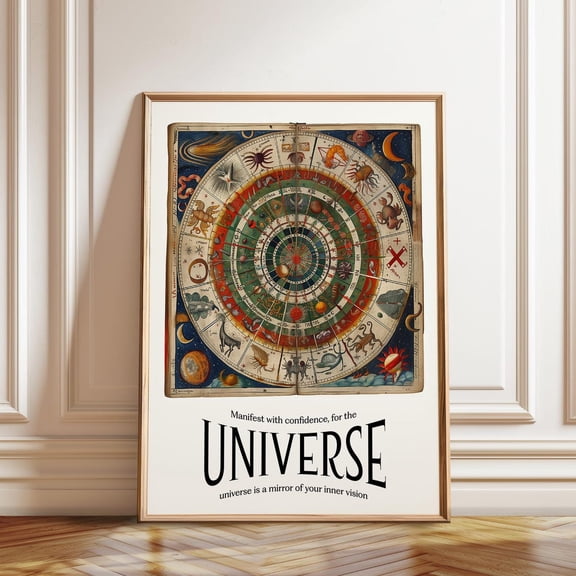 Cosmic Star Map Vintage Zodiac Wheel Astrology Chart Celestial Artwork, Unframed Canvas 8x10in