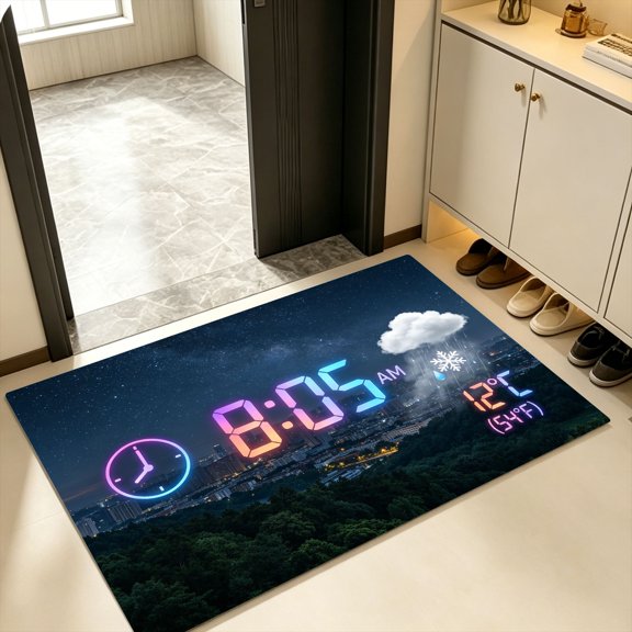 Cosmic Star Town Forest Circular Analog Clock Snow Rain Temp Doormat, Kitchen Backyard Entry Rug, Halloween Dark Mixed Landscape Sci-Fi Neon Decor Gift
