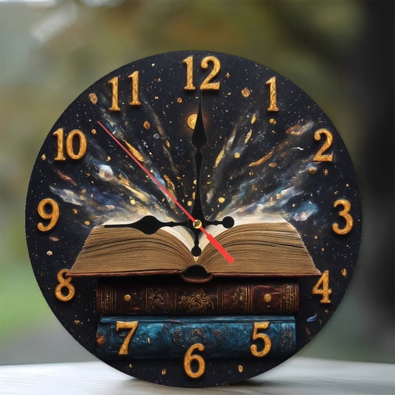 Cosmic Starry Open Book Clock Wall Decor 10-Inch Silent Wooden Wall Clock, Battery Operated (AA Batteries Not Included), Artistic Home Decor