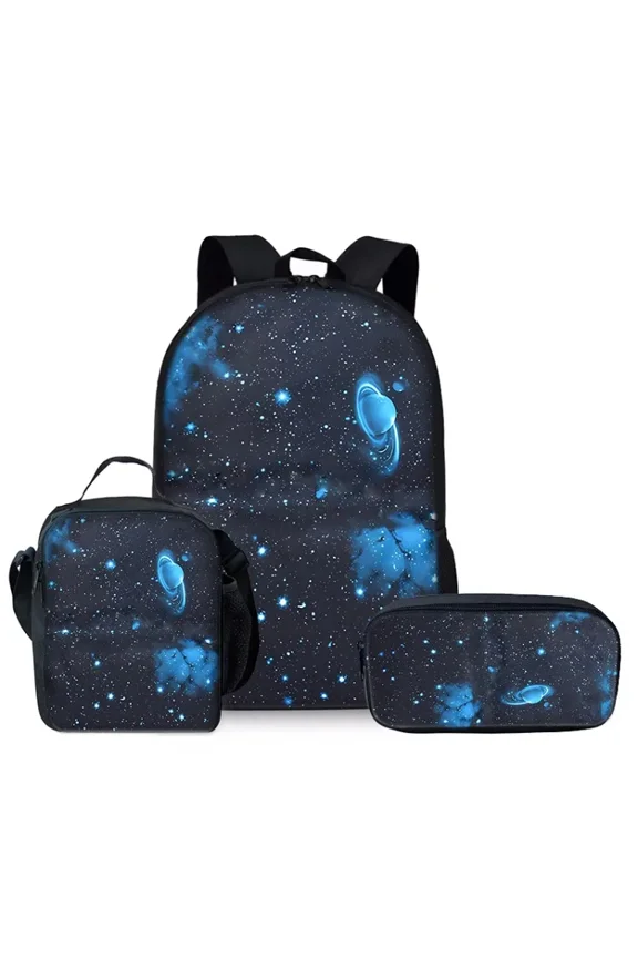 Cosmic Starry Sky Three Piece Set Backpacks for Men and Women Best Gifts 2D Flat Cartoon School Backpack for Youth Gift's Blue