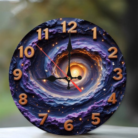Cosmic Starry Spiral Wall Clock 10-Inch Silent Wooden Wall Clock, Battery Operated (AA Batteries Not Included), Artistic Home Decor