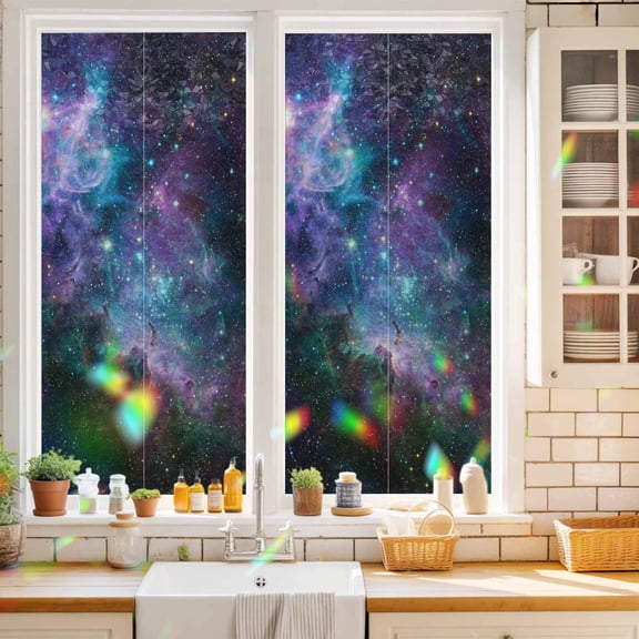 Cosmic Stars Window Privacy Film Purple Pink Starry Sky Gradual Abstract Static Cling Stained Glass Window Film Non-Adhesive Decorative Decals Rainbow Sticker 17.7"X39.3"