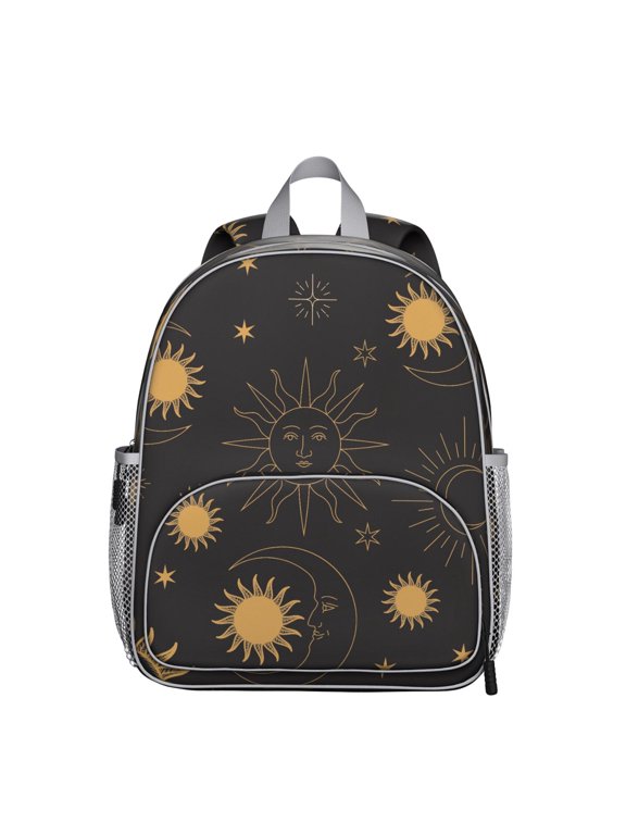 Cosmic Student Backpack – Gothic Celestial Moon Starry Night Astrology Print With Mystical Spiritual Golden Witchy Star Pattern