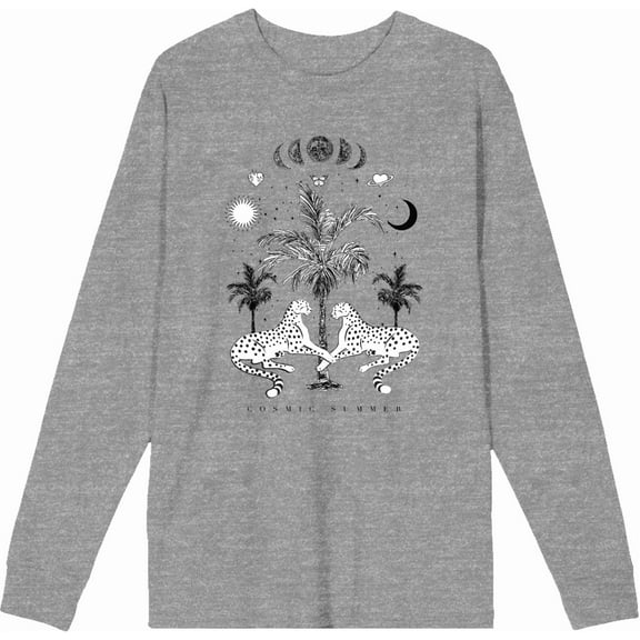 Cosmic Summer Cheetahs Crew Neck Long Sleeve Heather Gray Adult Tee-Medium