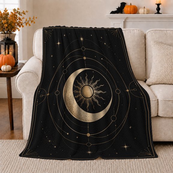 Cosmic Sun Moon Celestial Map, Mystical Celestial Art Scene, Warm Flannel Blanket for Home Library and Reading Nook, Celestial Art Lovers Housewarming Gift, Celestial Home Decor