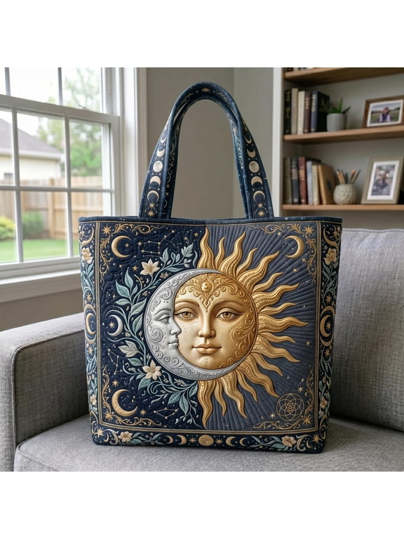 Cosmic Sun Moon Quilted Tote Bag, Roomy Carry Bag for Books, Groceries and More