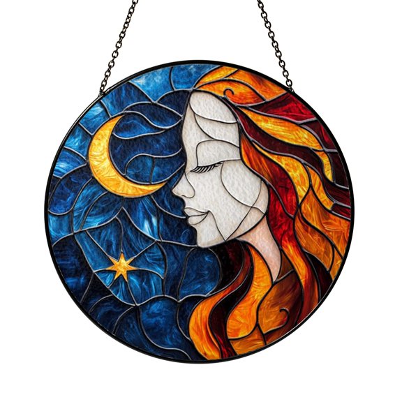 Cosmic Sun and Moon Faux Stained Glass Window Decor, Elegant Celestial Suncatcher Accent