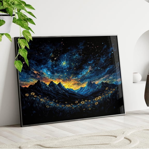 Cosmic Sunset Mountains Wildflower Field Under Starry Night Sky Van Gogh Inspired Dark Cottagecore Decor, Unframed Poster