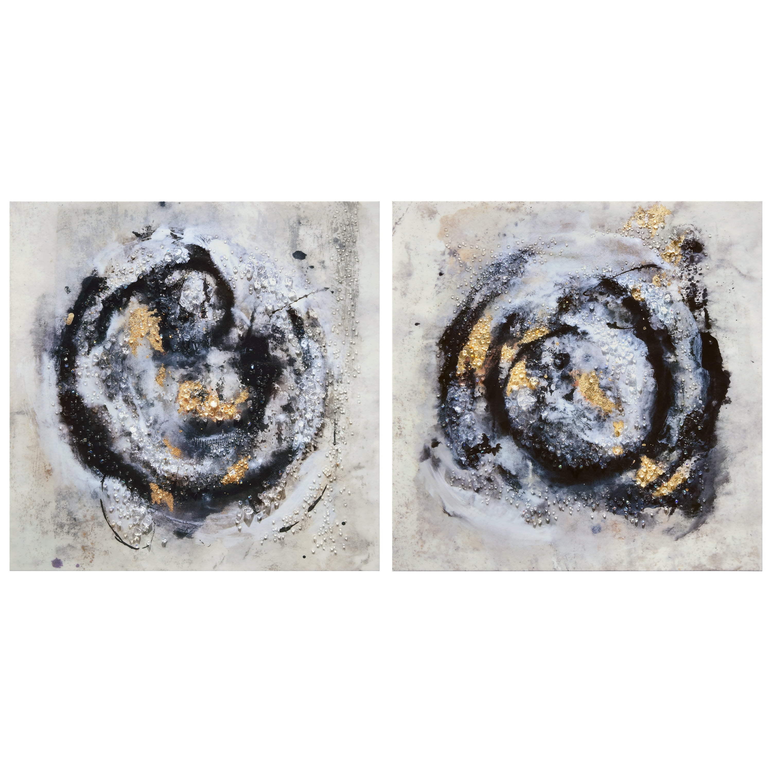 "Cosmic Swirl I & II" Crystallus Epoxy Coated Wrapped Glossy Abstract Canvas Wall Art with Heavy Acrylic Crystal Shards Embellishments, Gold Foil Accents