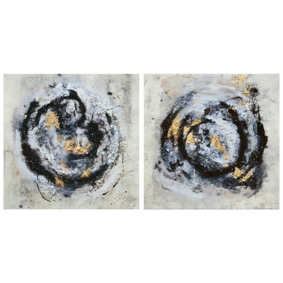 "Cosmic Swirl I & II" Crystallus Epoxy Coated Wrapped Glossy Abstract Canvas Wall Art with Heavy Acrylic Crystal Shards Embellishments, Gold Foil Accents