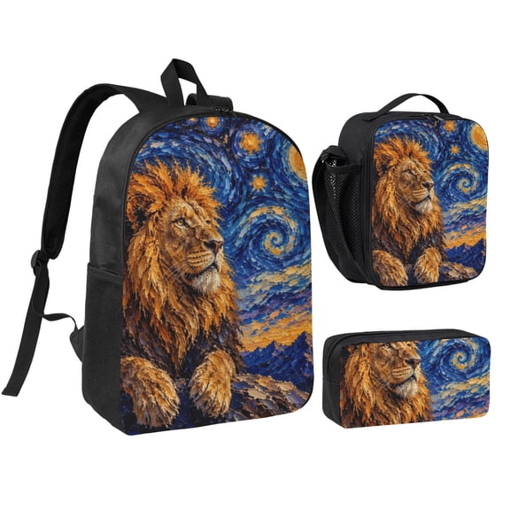 Cosmic Swirl Lion Wall Art 17-inch Laptop Backpack 3-Piece Set with Insulated Lunch Bag and Accessory Pouch, Rucksack for Teens Adults