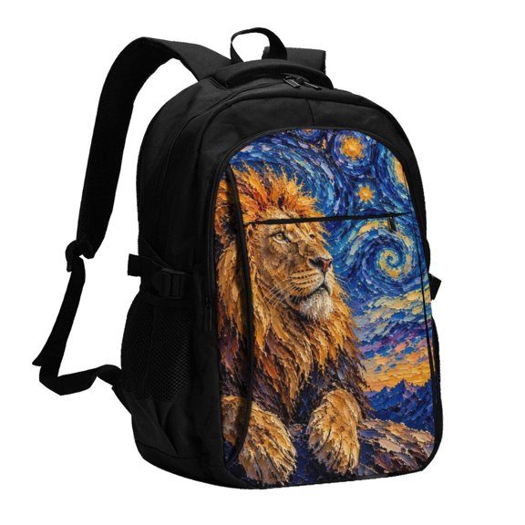 Cosmic Swirl Lion Wall Art Laptop Backpack with USB Charging Headphone Port Casual Daypack Bag College Business Travel